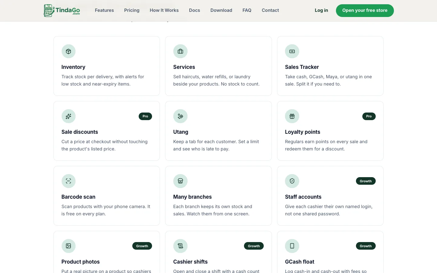 TindaGo tools grid: inventory, services, sales tracker, utang, loyalty points, and more